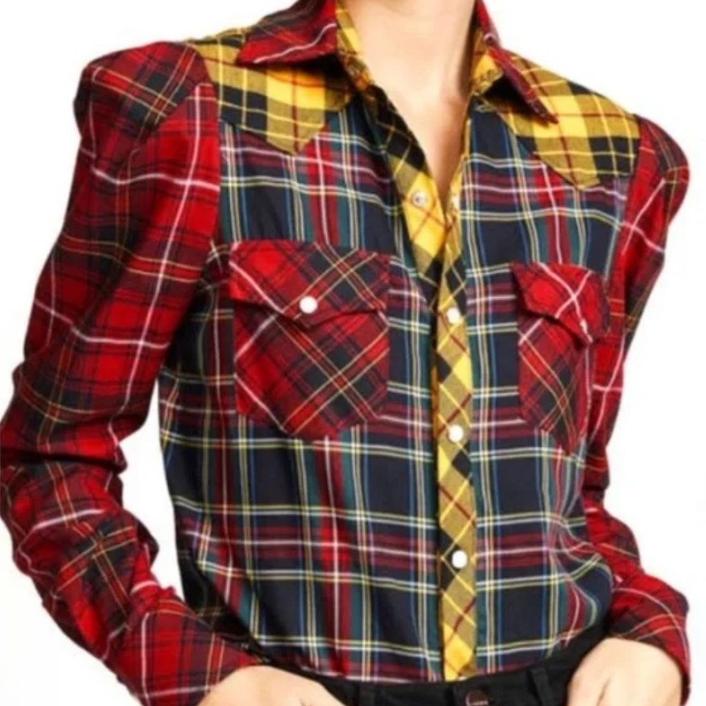 Petersyn Aldrich Tartan Puff Shoulder Pearl Snap Button Down Shirt XS